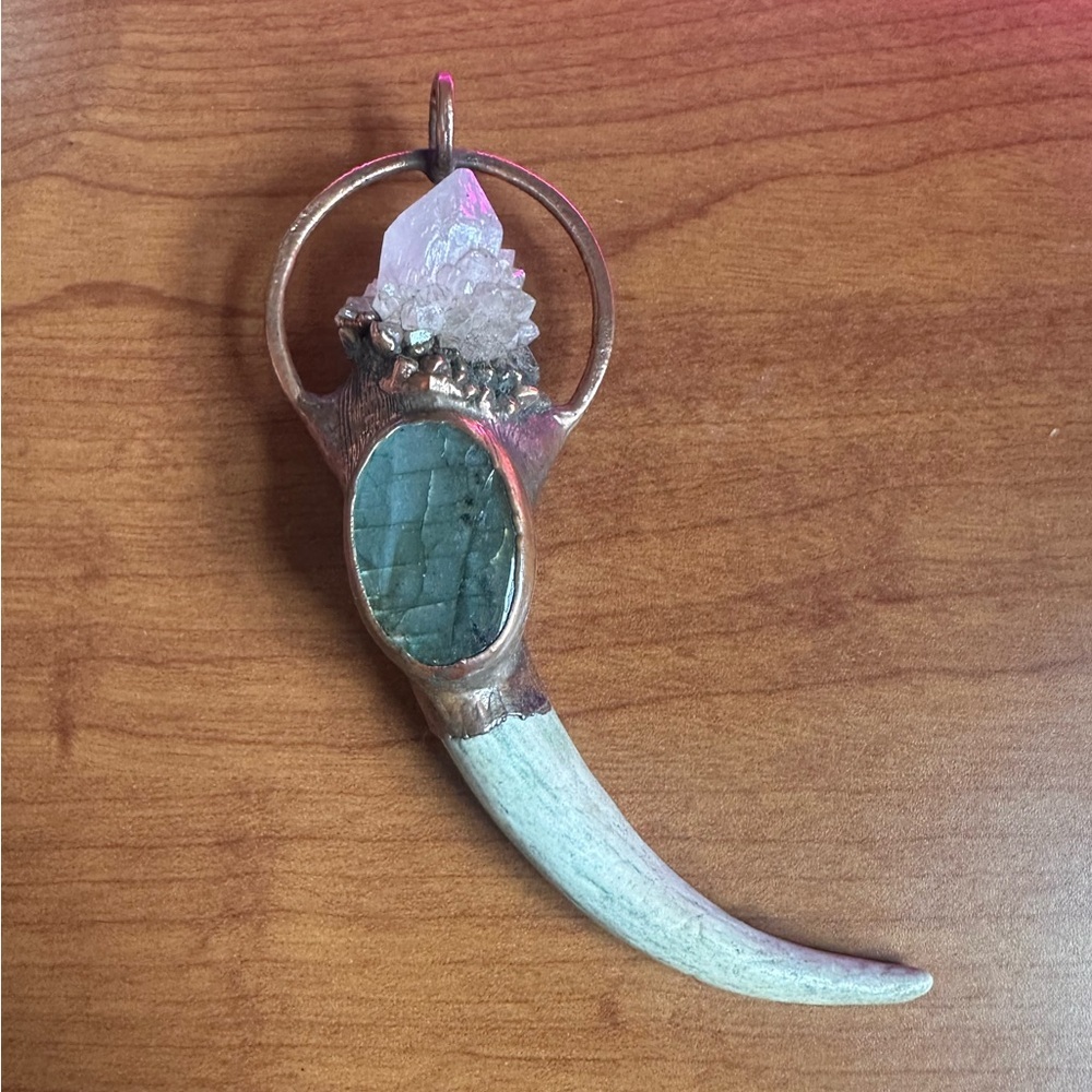 Stunning and Massive Crystal and Labradorite Copper Pendant with genuine antler